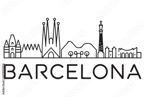 Minimal Barcelona City Line Art Linear Skyline with Typographic Design. Vector black silhouette. with white background
