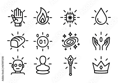 Machine-Made Miracles Icons. Outline icon set of machine-made miracles: glowing hand, radiant flame, AI spark,
