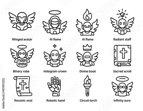 Robotic Angel Icons. Outline icon set of robotic angels: winged avatar, glowing halo, AI flame, radiant staff,