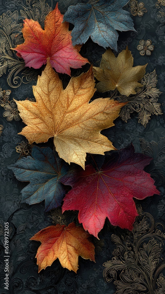 Obraz premium Autumn leaves arranged on dark textured background