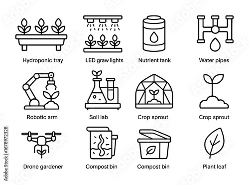 Martian Agriculture Icons. Outline icon set of Martian agriculture: hydroponic trays, LED grow lights,