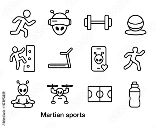 Martian Sports Icons. Outline icon set of Martian sports: running avatar, VR headset, weightlifting dumbbell,