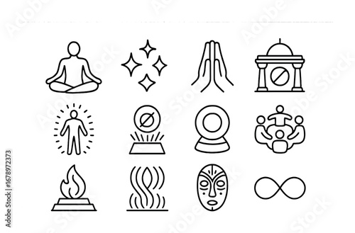 Martian Spiritual Icons. Outline icon set of Martian spirituality: meditation pose, cosmic star, prayer hands,
