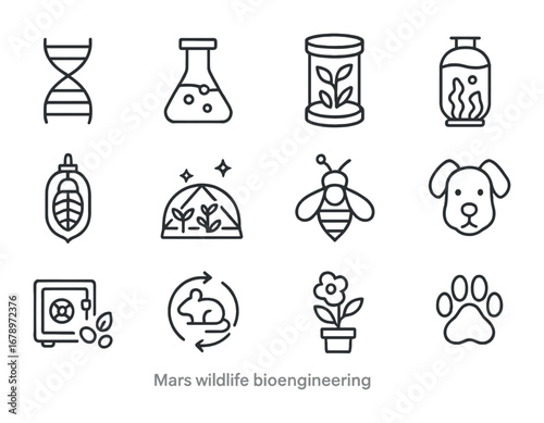 Mars Wildlife Icons. Outline icon set of Mars wildlife bioengineering: genetic code, lab flask, algae vat,