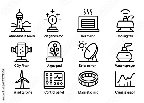 Martian Climate Icons. Outline icon set of Martian climate control: atmosphere tower, ion generator, heat vent