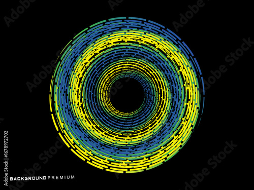 Vector background of rotating elliptical 3D shapes, consisting of a pattern of squares and wavy lines with colorful gradations.	