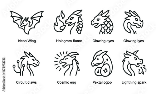 Cyber Dragon Icon Set. Outline icon set of cyber dragons: neon wings, hologram flame, AI scales, glowing eyes,