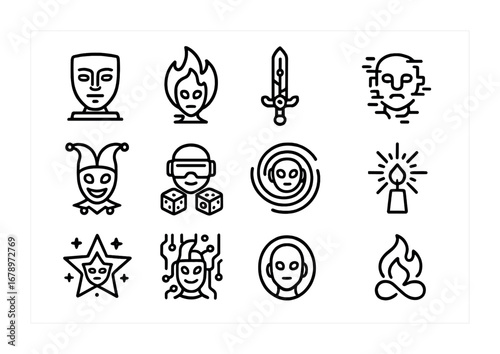 Robotic Trickster Icons Grid. Outline icon set of robotic trick gods: hologram mask, neon flame, digital sword