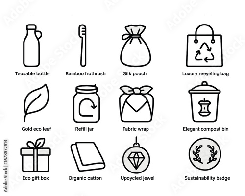 Zero-Waste Luxury Icons. Outline icon set of zero-waste luxury: reusable bottle, bamboo toothbrush, silk pouch