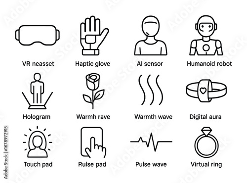 Futuristic Intimacy Icons. Outline icon set of futuristic intimacy devices: VR headset, haptic glove, AI