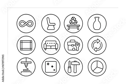 Circular Design Icons. Outline icon set of circular design objects: infinity loop, modular chair, recycled