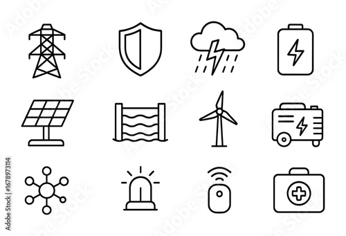 Resilient Energy Icons. Outline icon set of resilient energy infrastructure: reinforced tower, shield symbol,