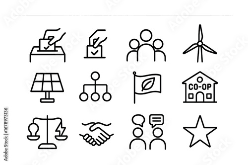 Energy Democracy Icons. Outline icon set of energy democracy: ballot box, voting hand, community avatars, wind