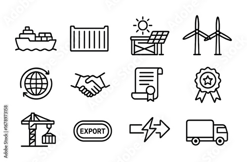 Clean Energy Icons. Outline icon set of clean energy trade: cargo ship, container box, solar crate, wind