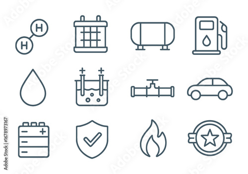 Hydrogen Icons Grid. Outline icon set of hydrogen sovereignty: H2 molecule, fuel cell, storage tank, hydrogen
