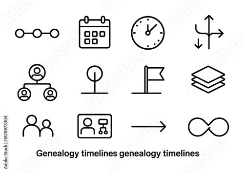 Genealogy Icon Set. Outline icon set of genealogy timelines: linear chart, calendar icon, clock face,