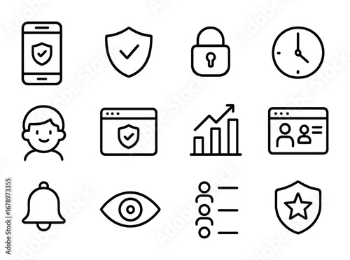 Safe Parenting Icons Grid. Outline icon set of safe digital parenting: parental control app, privacy shield,