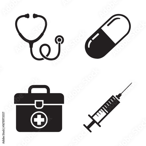 Medical Equipment Icons Set Stethoscope Capsule Syringe First Aid Kit Isolated on White Background Healthcare and Medicine Conceptual Vector Illustration for Clinic or Hospital