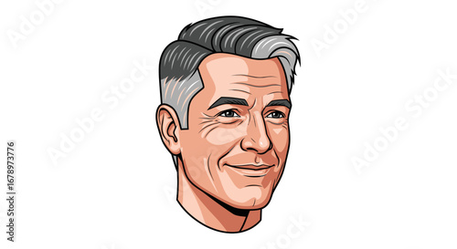 Smiling man portrait with gray hair detailed illustration of his face and expression.