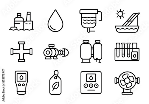 Desalination Icon Grid. Outline icon set of desalination water management: desalination plant, water droplet
