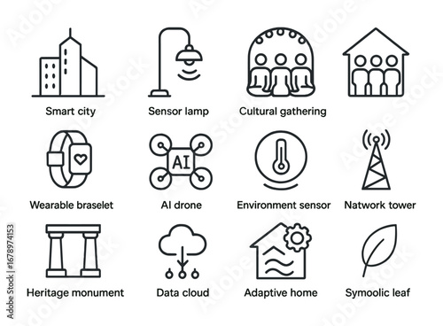 Smart Environments Icons. Outline icon set of smart environments anthropology: smart city skyline, sensor lamp