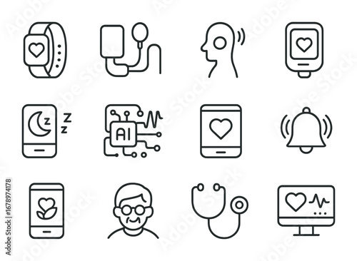 Remote Health Icon Set. Outline icon set of remote health monitoring: wearable tracker, blood pressure cuff,