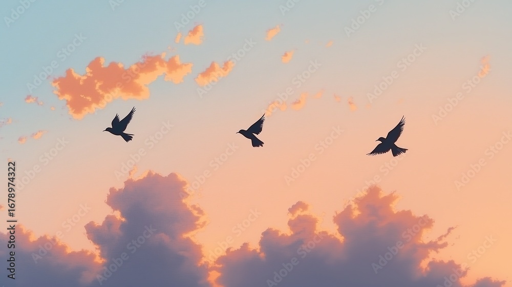 Fototapeta premium Birds Flying in Sunset Sky with Orange Clouds