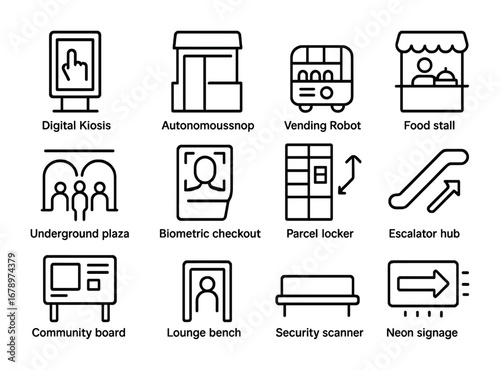 Underground Market Icons. Outline icon set of underground marketplaces: digital kiosk, autonomous shop,