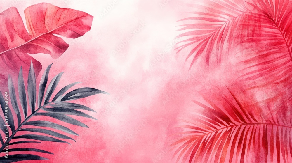Naklejka premium Tropical leaves in a soft pink background; backdrop for nature or travel theme; digital art