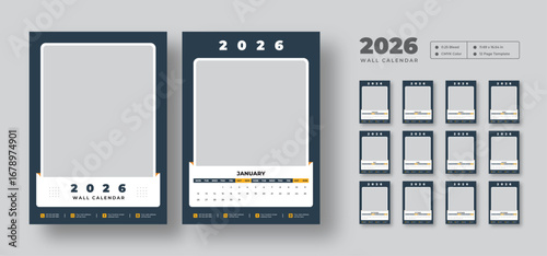 Monthly Wall calendar template for 2026 year | Editable 12-month planner | Week starts on Monday | Printable vector layout for corporate use