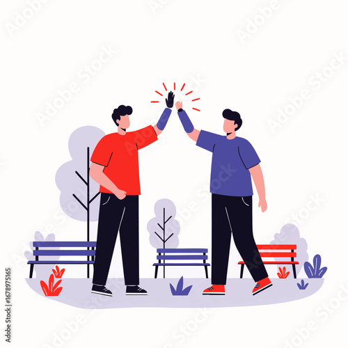 Two diverse friends celebrate a successful collaboration with an enthusiastic high-five, showcasing modern technology and inclusive support in a vibrant park setting.