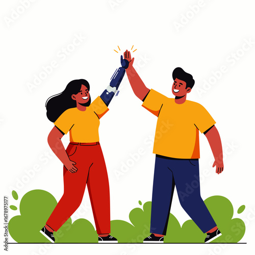 A diverse duo, featuring a woman with a modern prosthetic arm and a man, celebrates success with an enthusiastic high-five, symbolizing inclusion and overcoming challenges.