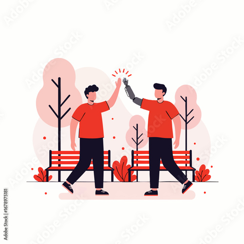 This vibrant illustration showcases two men, one proudly displaying a cutting-edge prosthetic arm, engaging in a joyful high five within a serene park.