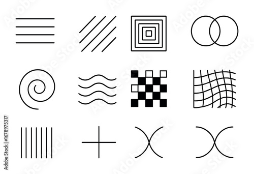 Optical Minimalism Grid. Outline icon set of optical minimalism: parallel lines, diagonal bars, concentric