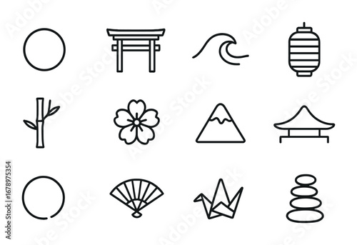 Japanese Minimalism Icons. Outline icon set of Japanese minimalism: rising sun circle, square gate, simple