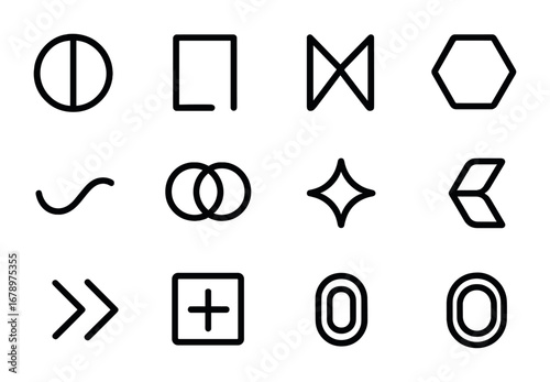 Minimal Icon Set. Outline icon set of abstract minimal logos: circle with line, half square, split triangle,