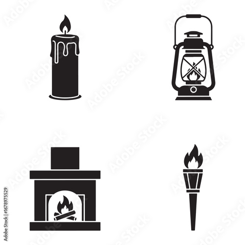 Monochrome Collection of Light and Heat Sources from Ancient to Modern Featuring Candle Lantern Fireplace and Torch Black and White Illustration