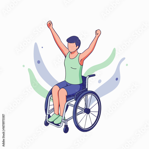 A dynamic illustration depicts a triumphant individual in a wheelchair, celebrating success with arms raised high, embodying resilience and personal achievement.