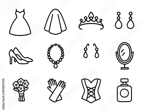 Bridal Fashion Icons. Outline icon set of bridal fashion: wedding dress, veil, tiara, shoes, necklace,