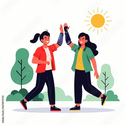 Two cheerful young women, one with a bionic prosthetic arm, share an encouraging high-five outdoors, symbolizing modern friendship and inclusion.