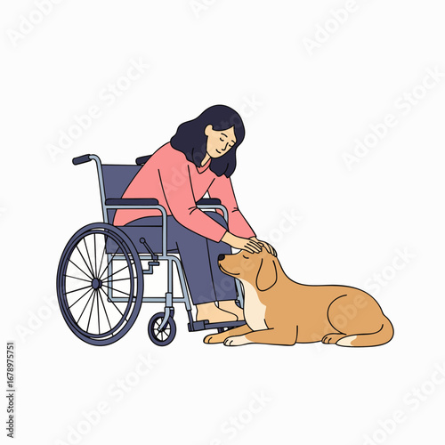 A woman in a wheelchair lovingly pets her faithful companion dog, showcasing the deep emotional connection, support, and comfort found in their shared life.