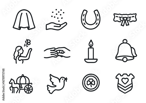 Wedding Tradition Icons. Outline icon set of wedding traditions: veil, rice, horseshoe, garter, bouquet toss,