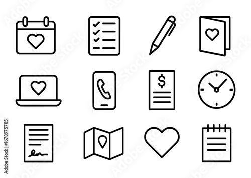 Wedding Planning Icons. Outline icon set of wedding planning: calendar, checklist, pen, invitation card,