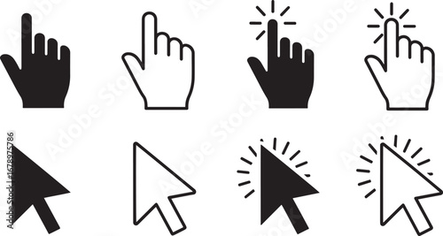 Mouse Pointers and Hand Cursors for User Interface Navigation Representing Click Interaction and Selection Tools in Digital Environment for Web Design and Software Development