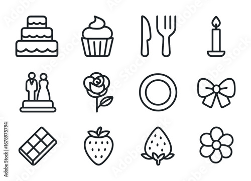 Wedding Cake Icons. Outline icon set of wedding cakes: tiered cake, cupcake, knife, fork, candle, cake topper,