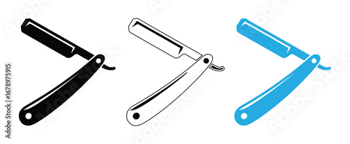 Straight razor icon. Classic straight razor barber tool icon set black blue, Straight razor simple silhouette.Web site page and mobile app design vector element.