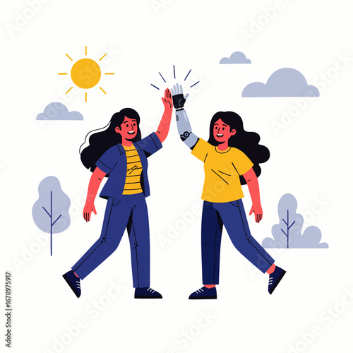 Two diverse women, one with a prosthetic arm, joyfully high-five, celebrating success, teamwork, and empowerment, symbolizing inclusion and modern progress.