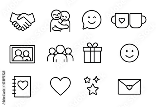 Friendship Icons Outline. Outline icon set of friendship love: handshake, hug, laughter bubble, coffee mug,
