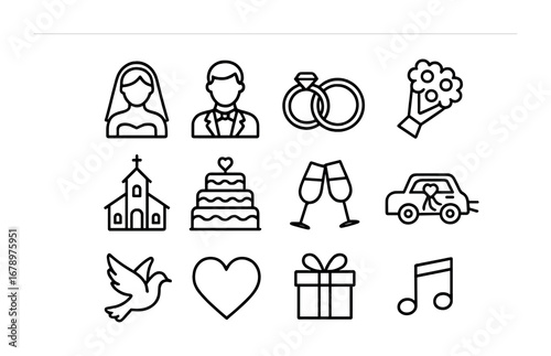 Wedding Icon Set. Outline icon set of wedding: bride, groom, wedding rings, bouquet, church, cake, champagne,