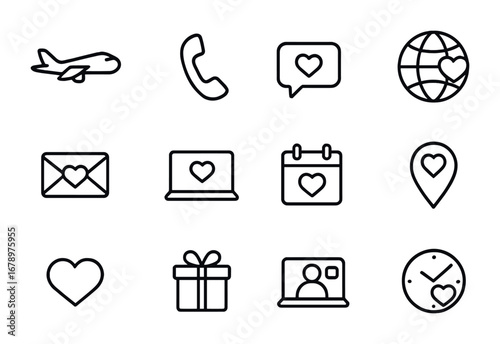 Long Distance Love Icons. Outline icon set of long distance love: airplane, phone, chat bubble, globe, letter,